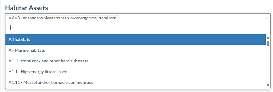 Figure 1. Habitat assets box and showing the searchable list of habitats