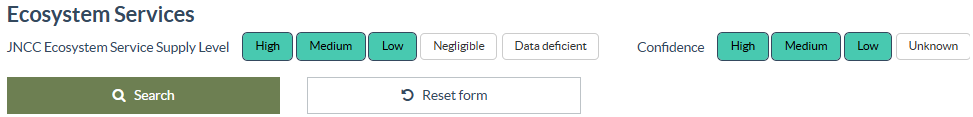 The Ecosystem service filter section showing the buttons used to select confidence or service supply levels