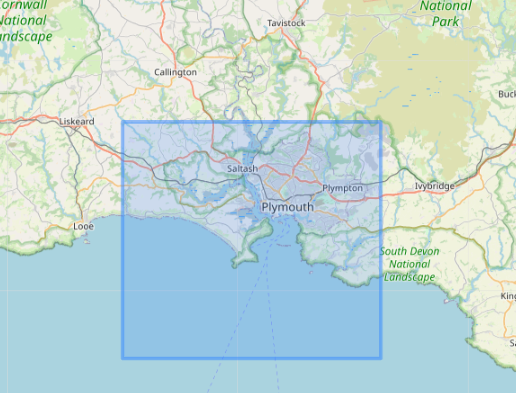 Example map with a bounding box around Plymouth Sound