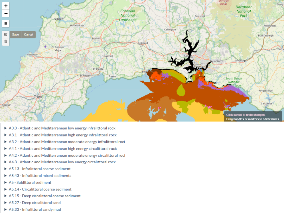 Example map showing the habitat polygons returned using the bounding box in Figure 5 and the resultant summary ASM