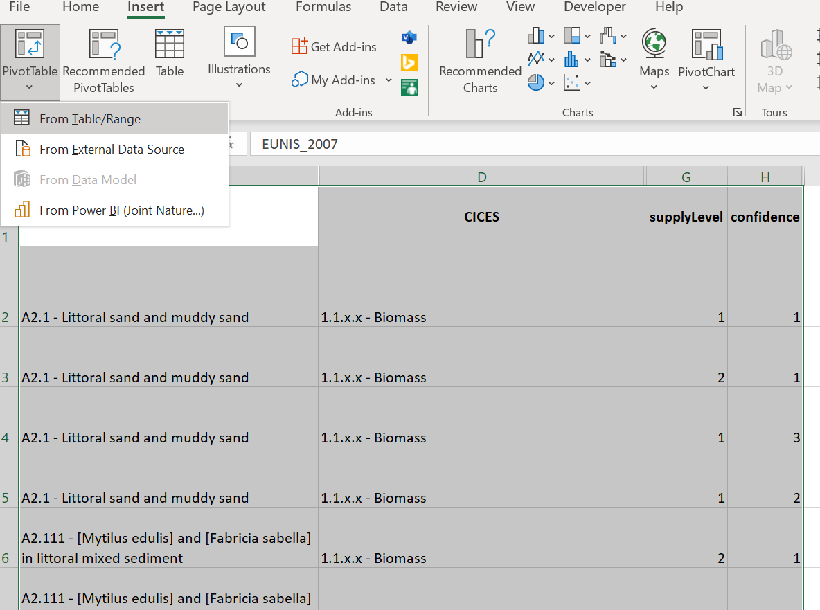 Image of highlighted Excel sheet with mouse clicked on PivotTable button in ‘Insert’ dialog box.