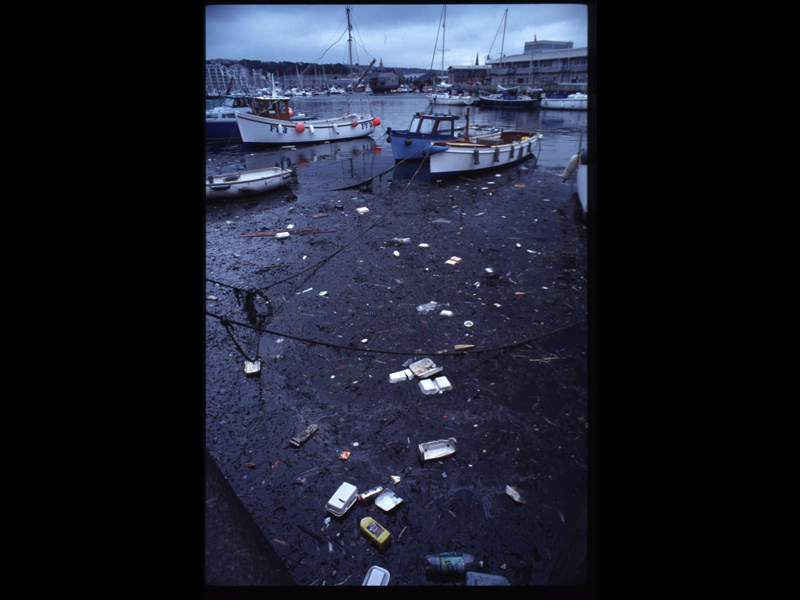Litter in Sutton Harbour, Plymouth (August 1999).